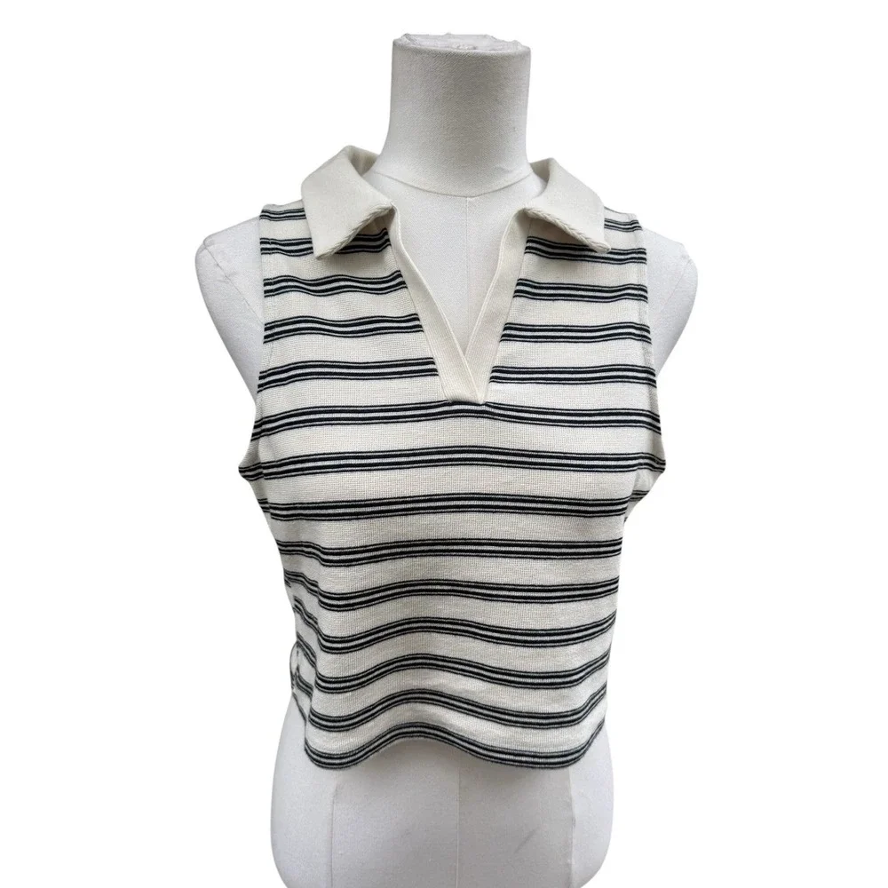 Kirious Los Angeles Striped Sleeveless Knit Polo Top Womens Large Black Cream